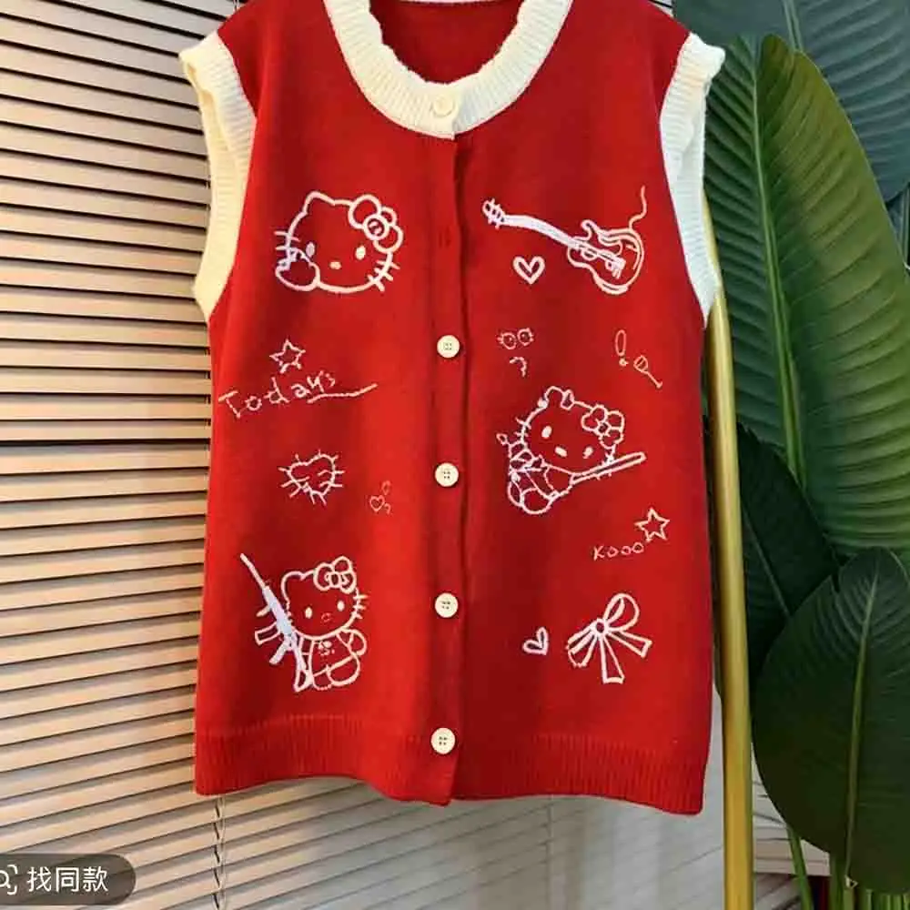 Sanrio Hello Kitty Women's Cute Knitted Tank Top Autumn/winter New Loose Printed Cardigan Large Female Student Kawaii Sweater view 5