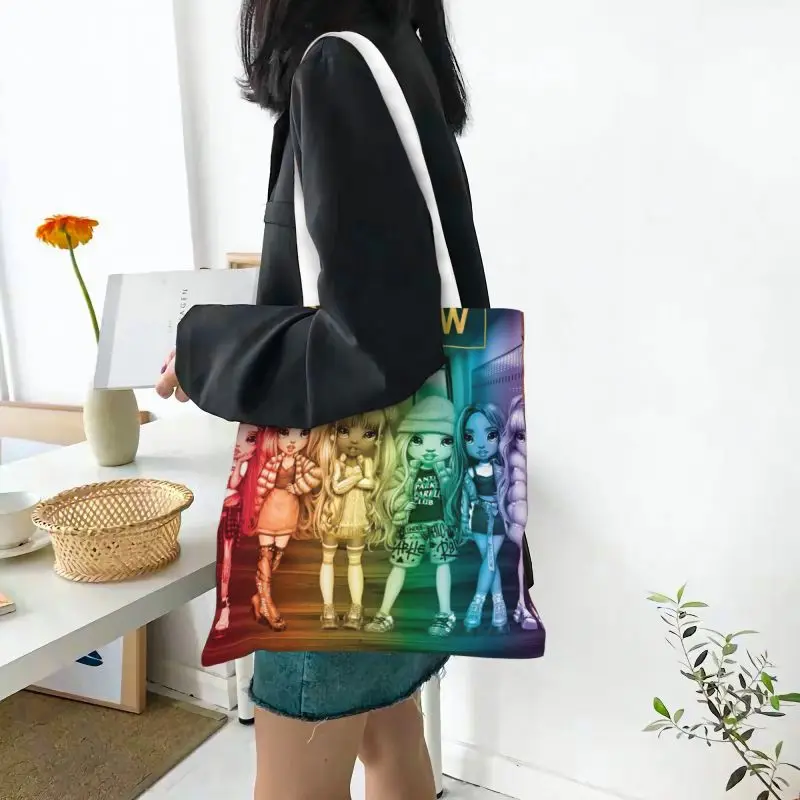 แฟชั่นการพิมพ์สายรุ้งสูงกระเป๋าช้อปปิงแบบพกพา Canvas Shopper กระเป๋าสะพายภาพเคลื่อนไหวการ์ตูนกระเป๋าถือ