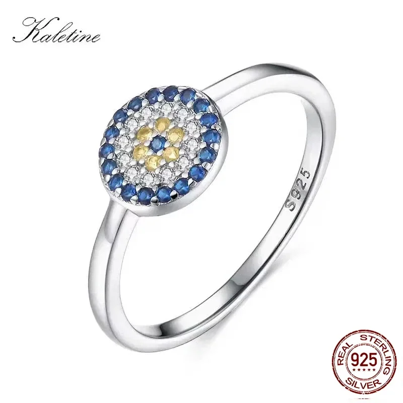 KALETINE Lucky Evil Eye 925 Sterling Silver Ring Charm Round Blue Crystal Finger Rings For Women Gift for Girl Turkey Jewelry