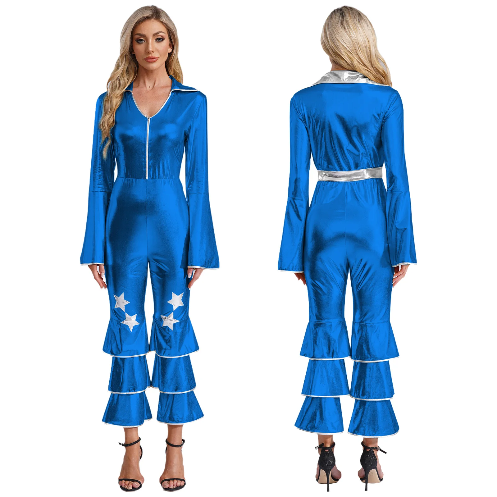 Women Retro 70s Disco Dance Clothes Halloween Carnival Theme Party Hippie Cosplay Costume Long Sleeve Shiny Flared Jumpsuit