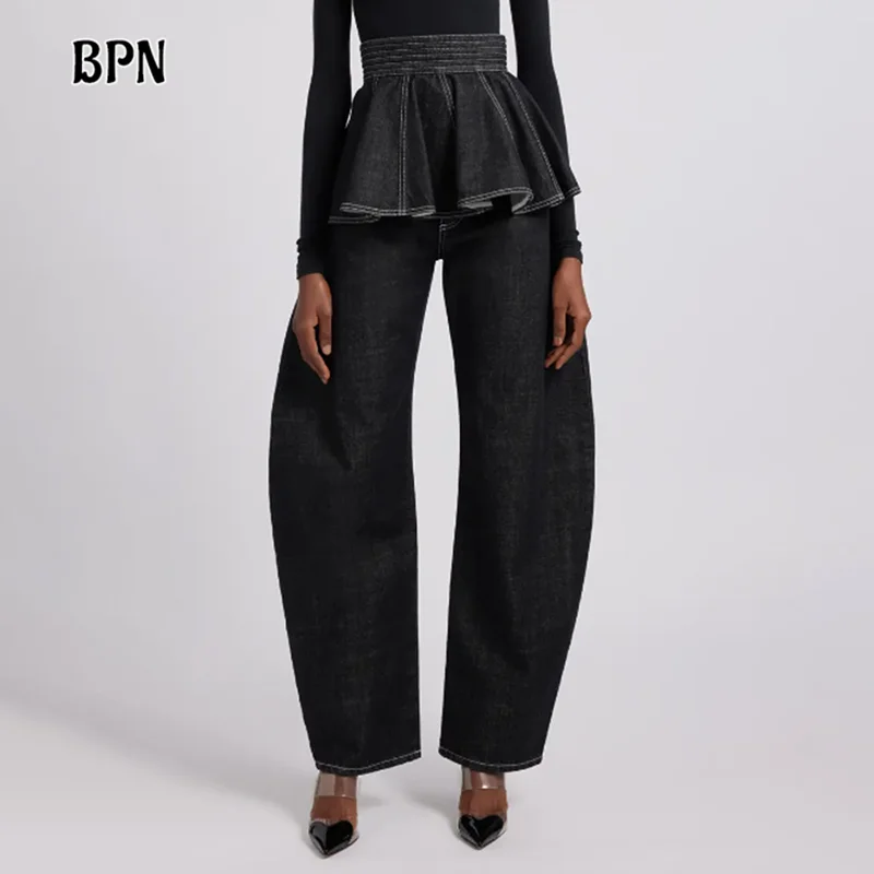 

BPN Fashion Patchwork Denim Pants For Women High Waist Spliced Ruffles Soild Casual Loose Vintgae Jeans Female Fashion Clothing