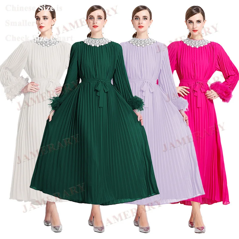 

Осенние вечерние шифоновые роскошные платья женские с хрустальным воротником из страусиных перьев с длинным рукавом трапециевидной формы свободное вечернее платье большого размера