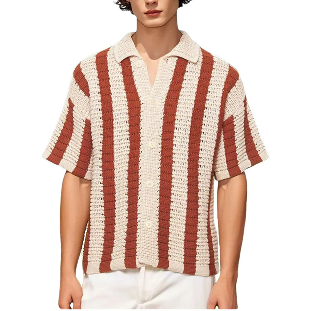

Men'S Summer Striped Knit Short-Sleeved Shirt Breathable Button-Down Casual Loose Beach Vacation Top 2026new