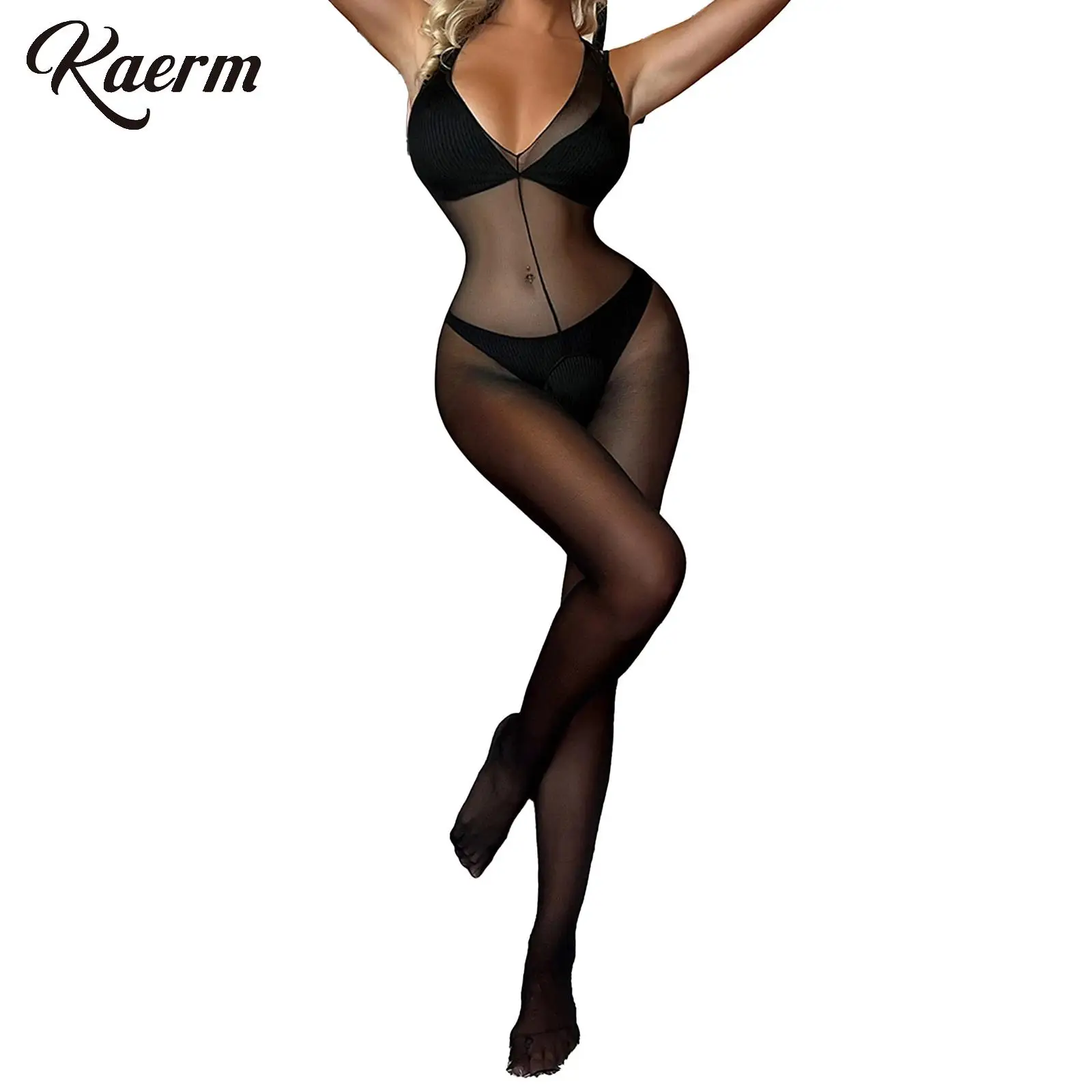 Womens Sexy Black See-Through Bodystocking Open Crotch Fishnet Mesh Stretchy Tights Bodysuit Exotic Lingerie Nightwear Clubwear