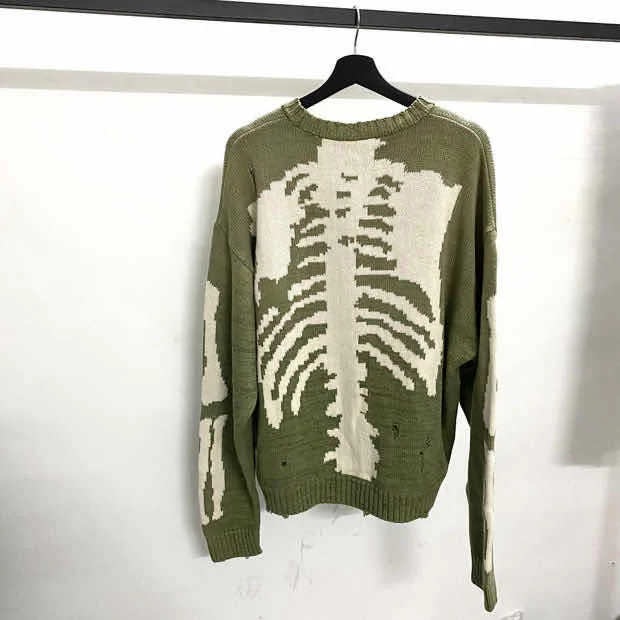 

Kapital Green Loose Skeleton Bone Printing Sweater Men Woman Good Quality High Street Damage Hole Vintage 1:1 Knit Sweater