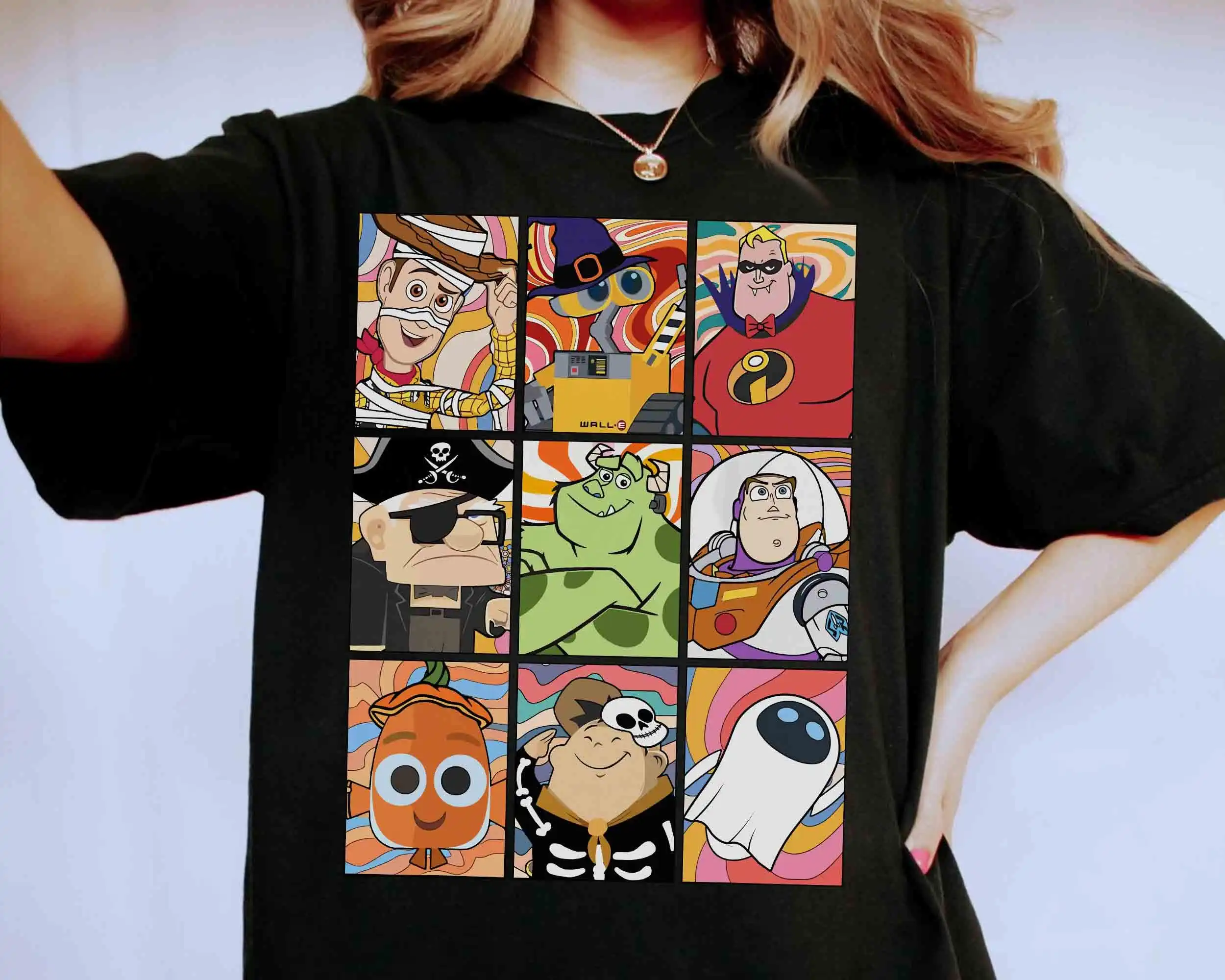 خمر شخصيات ديزني بيكسار هالوين صور قميص لعبة قصة الهيكل العظمي سيارات المومياء الوحش Inc المحملة