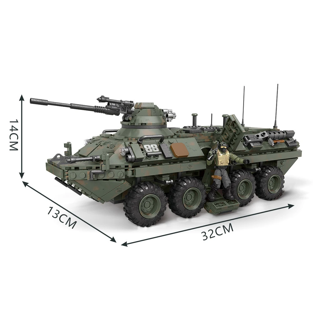 1036PCS Military Series Stryker Vehicle Building Blocks City US Armored Car Army Soldiers Weapon Bricks Children Toys Kids Gifts