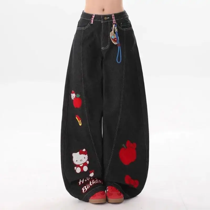 Hello Kitty Embroidered Jeans Women's Loose Wide Leg Pants Spring Autumn Fashion Student Girls High Waist Casual Pants Cartoon ﻿