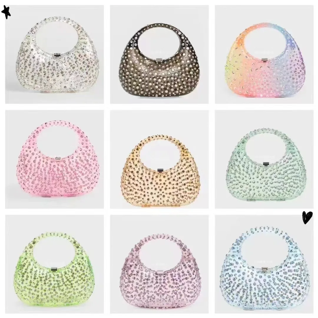 2023 New Shiny Diamond trasparente acrilico Goose Egg Box Bag Ins borsa da sera retrò da donna Ladies Diamonds Crescent Mini Bag