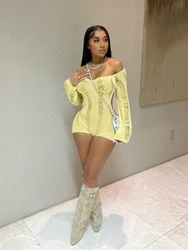 Leosoxs Rip Romper Women See Through Summer One Word Collar Backless Sexy Skinny Fitness Playsuit Activity Party Clubwear
