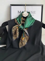 BYSIFA| Brand Square Scarves Hijabs Spring Fashion Leopard Printed 100% Pure Silk Neck Scarf Sweet Headband Gold Green 70*70cm