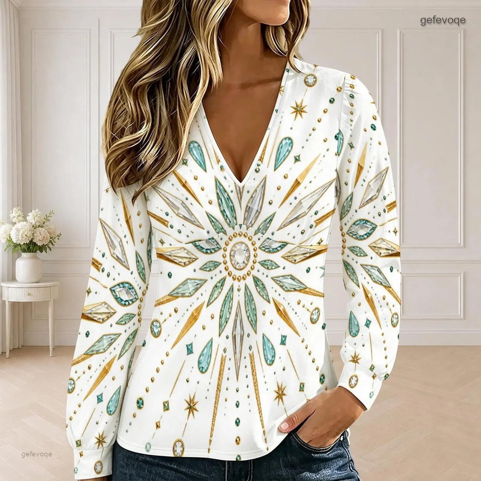 Women V Neck Long Sleeve Top, Printed Magnolia Floral Ornate Jewel Pattern Black Background
