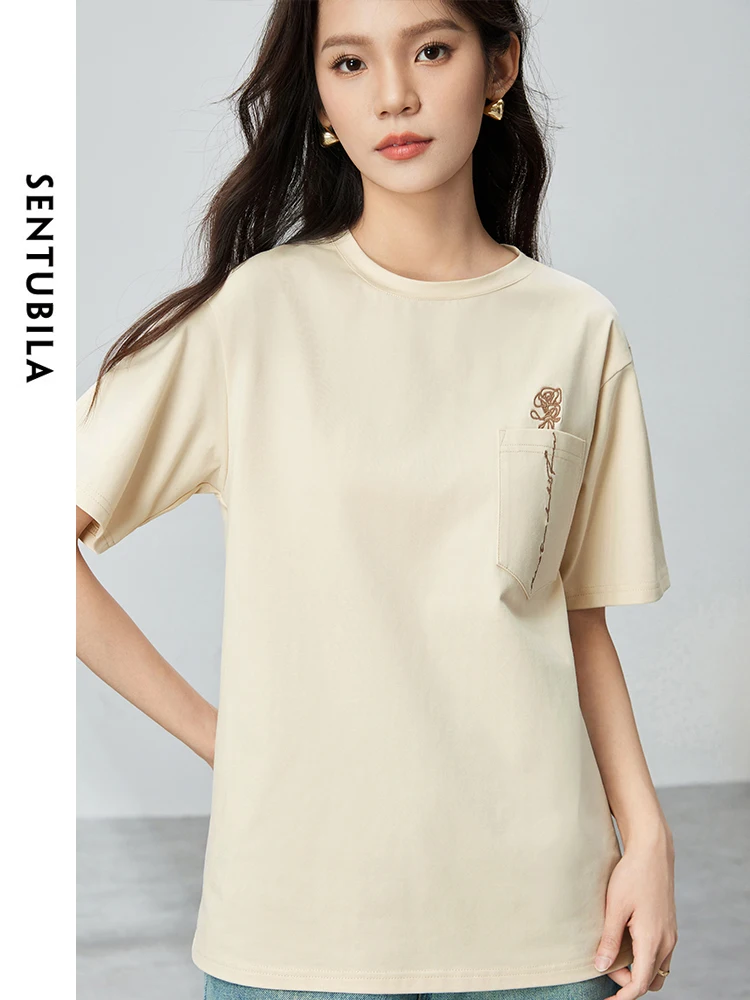 SENTUBILA Round Neck Summer T-shirt Women 2024 Loose Fashion Rose Embroidery Pattern Short Sleeve Knitted Tops Woman W42T54983