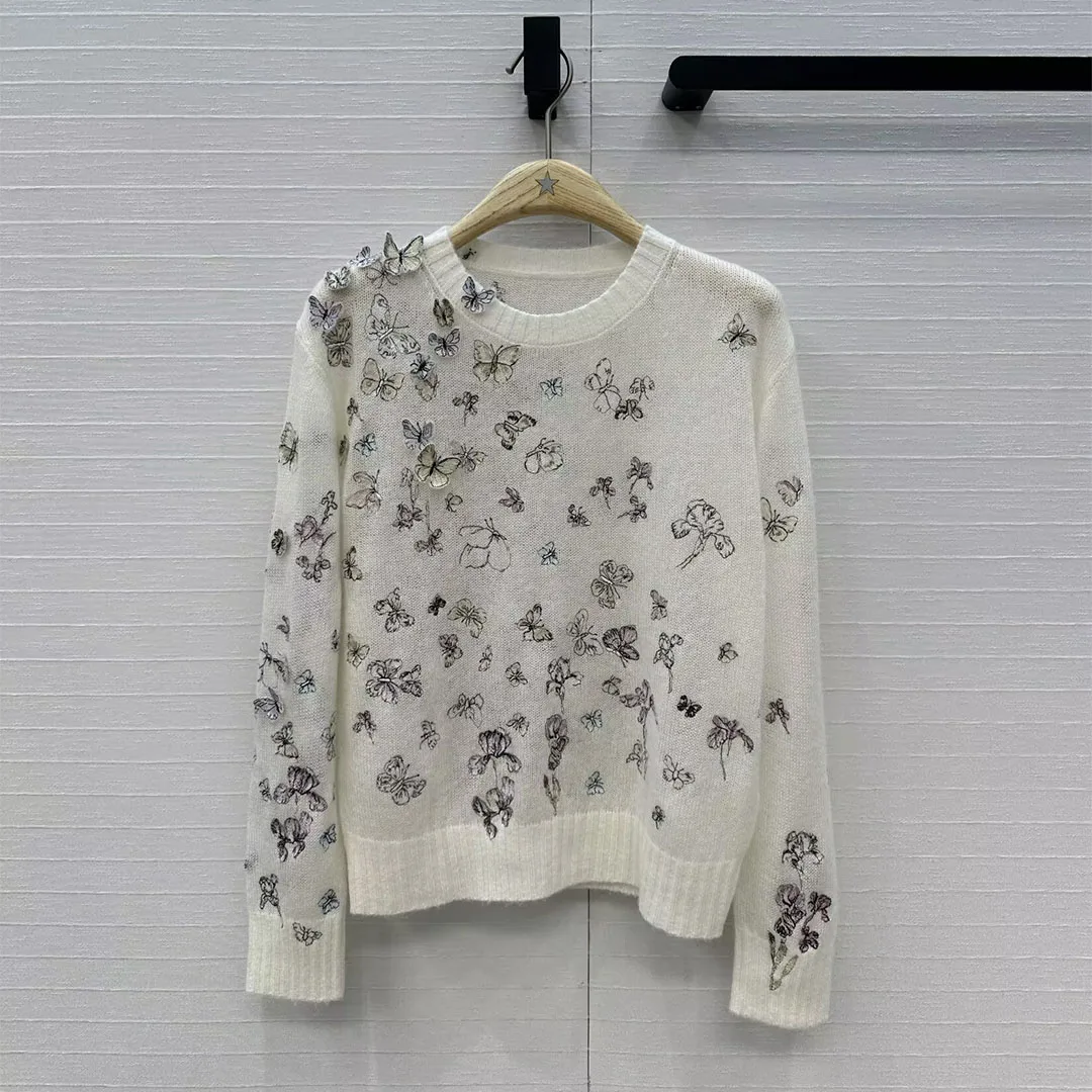 

New Spring Fashion 3D Embroidery Butterfly Sweet Thin Sweater Women O-neck Long Sleeve Wool Silk Yarn Knitted Pullover