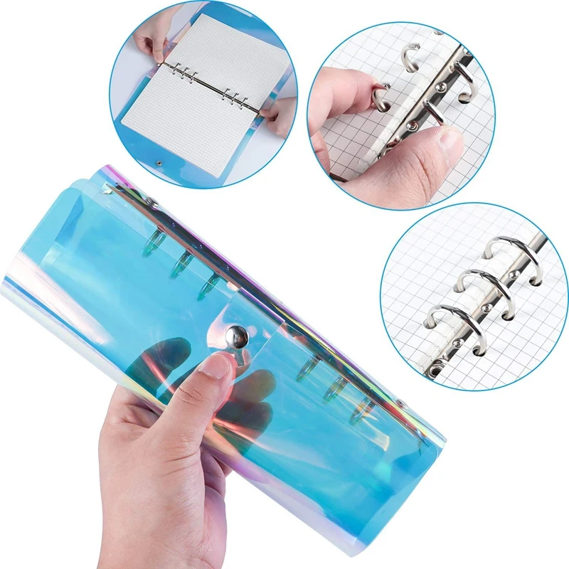 2 Pcs A6 6-Ring Rainbow Clear PVC Binder Cover Refillable Notebook Binder Protector Loose Leaf Planner Binder Cover