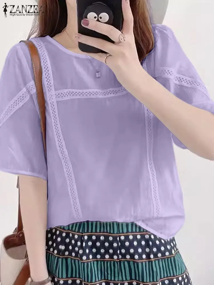 ZANZEA 여성용 빈티지 퍼프 반팔 블라우스, 한국 패션, 레이스 패치워크 튜닉, 캐주얼 루즈 솔리드 상의, 여름 2024 셔츠 