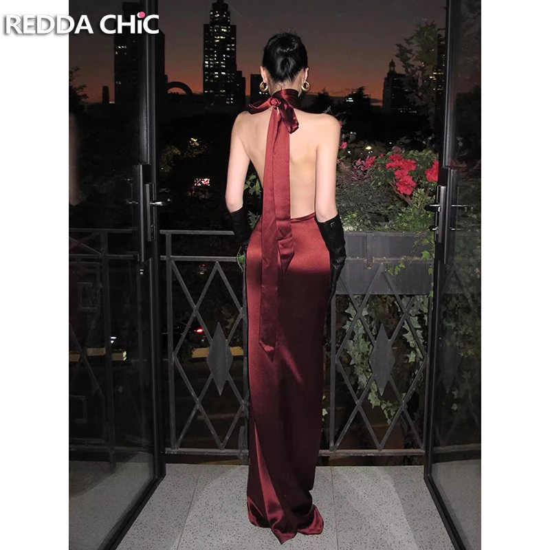 

Вечернее платье REDDACHiC с пайетками, глубоким V-образным вырезом, открытой спиной, бантом, бордовое, атласное, фасон «русалка», макси, с завязками на шее, для женщин