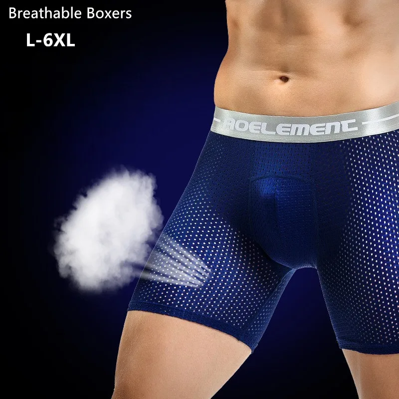

Summer Underwear Men Mesh Breathable Extra Long Sports Boxers U Convex Pouch 100KG Plus Size 6XL 5XL Male Anti-grinded Panties