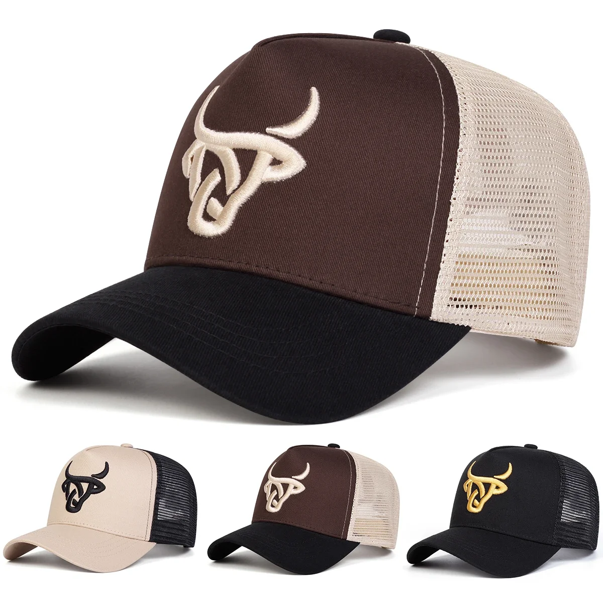 Unisex Ox Head Embroidery Baseball Net Caps Spring Summer Outdoor Adjustable Casual Hats Dad Hat Sunscreen Hat