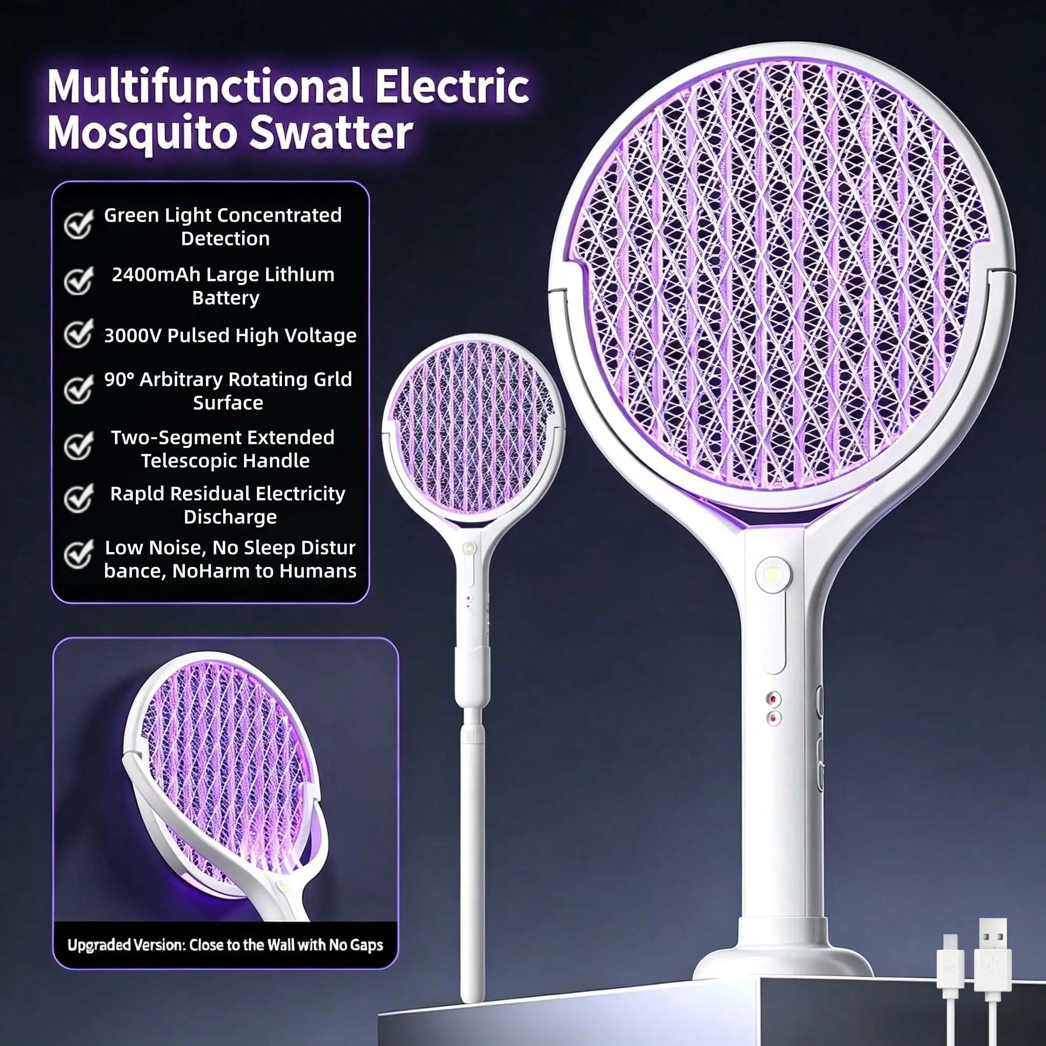 This Upgraded Telescopic Electric Mosquito Swatter Features A USB Charging Base, A Powerful Attractant Light, And A Home Mosquito-Repellent Function. It Employs A Three-Layer Safety Net Design And Is Suitable For Bedrooms, Patios, And Outdoor Use.