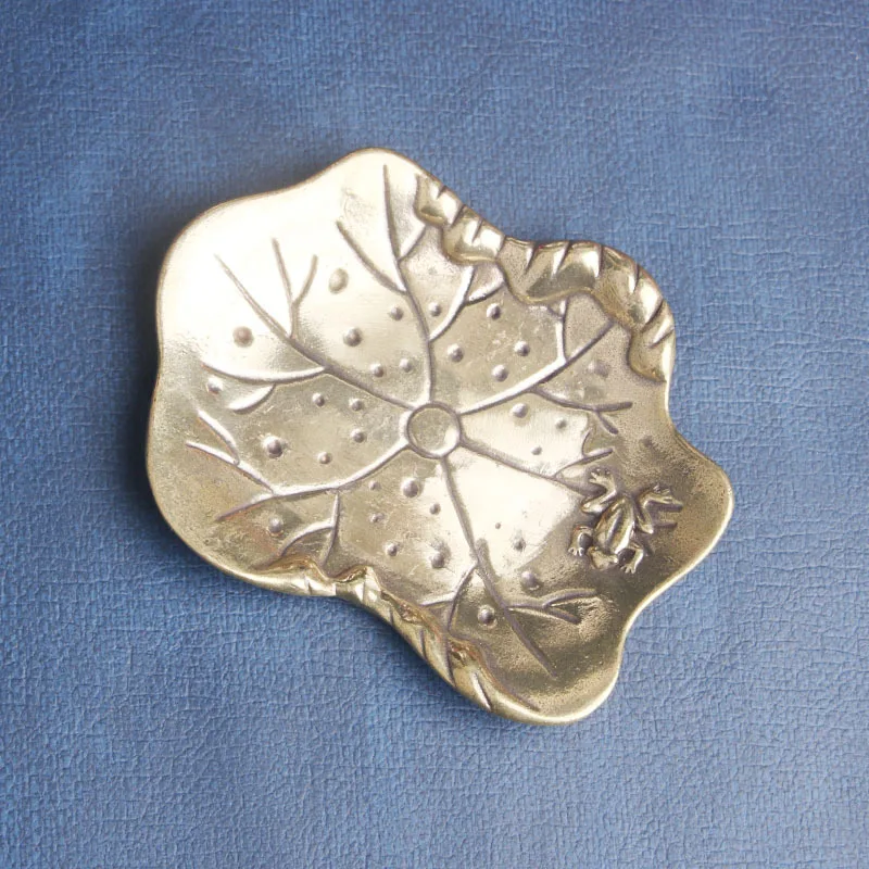 Pure Brass Lotus Leaf Frog Zen Kung Fu Tea Coaster Indoor Sandalwood Tray Incense Holder Antique Miscellaneous Old Bronze Ware W