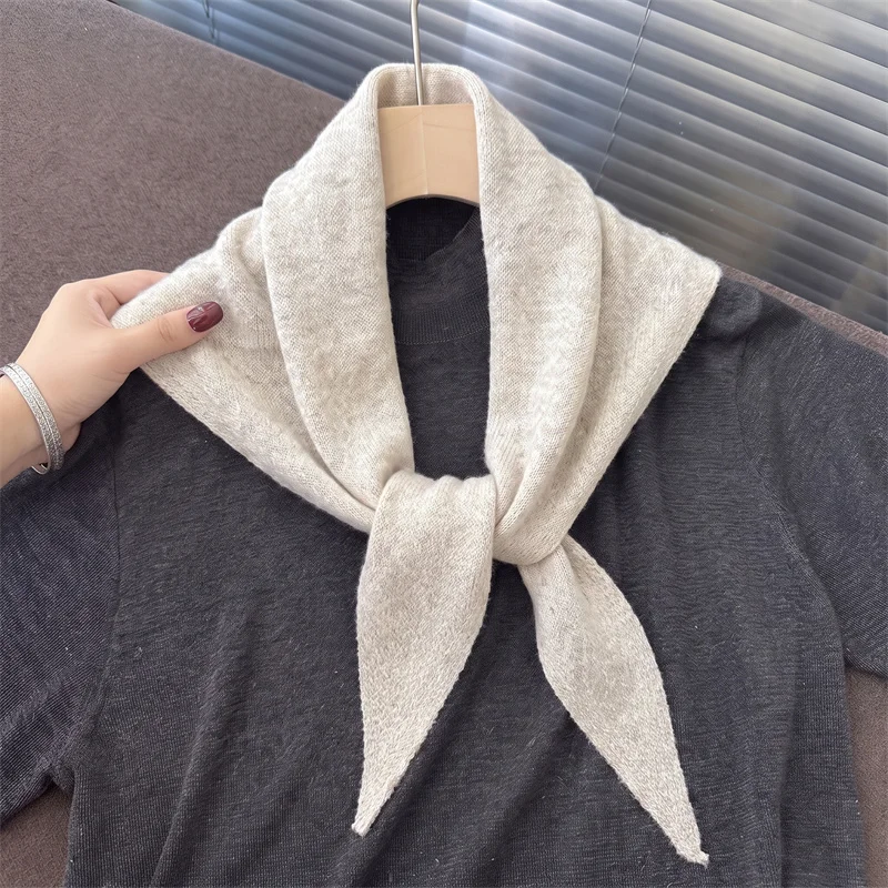 Ladies Trendy Cashmere Blend Plush Terry Triangle Head Scarf Soft Textured Tied Kerchief Versatile Neckwear For Coat Matching