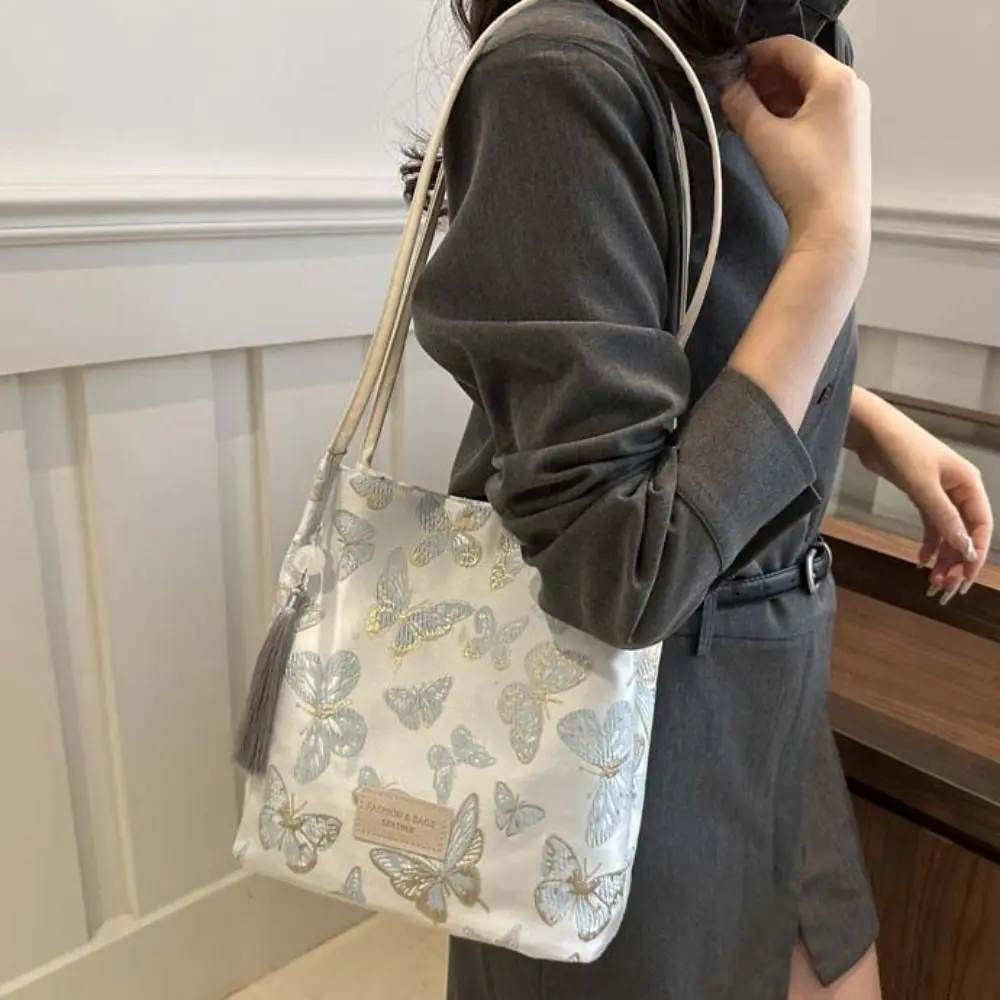 

Cute New Chinese Style Flower Bucket Bag Large Capacity Butterfly Embroidery Shoulder Bag Floral Handbag Girls