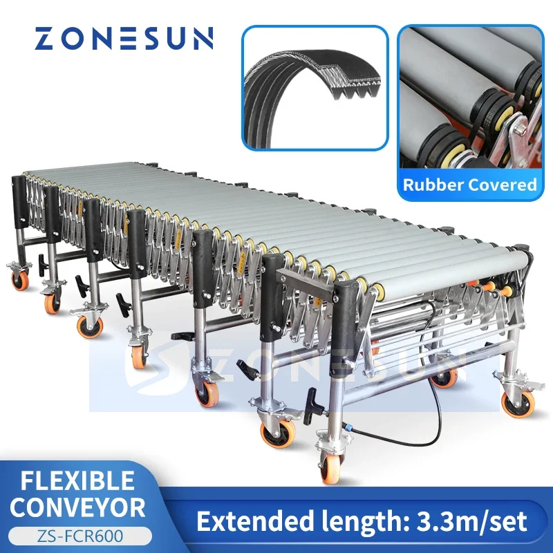 ZONESUN Гибкий роликовый конвейер с возможностью расширения, многоклиновые V-образные ремни, оборудование для обработки материалов, загрузочное оборудование ZS-FCR600