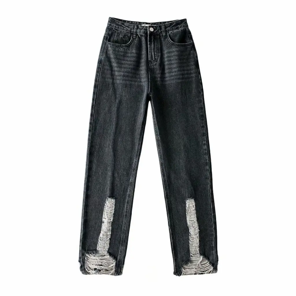 YPFF Calça jeans feminina cintura alta emagrecedora reta moda europeia americana verão redução de idade com rebarbas e buracos