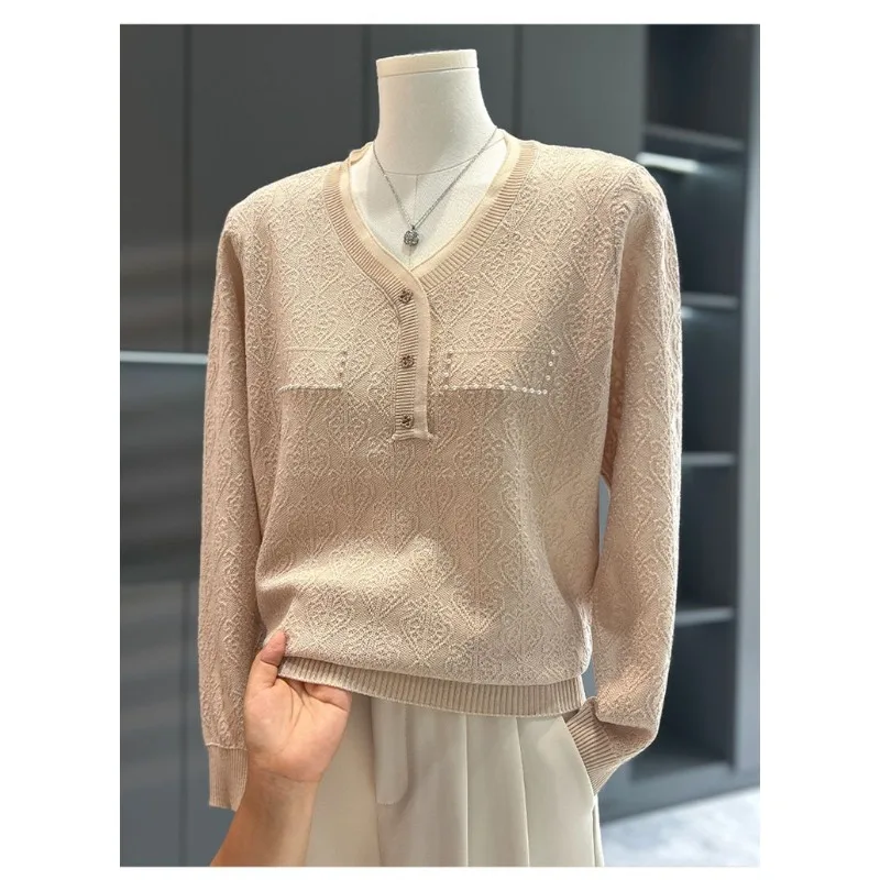 Pullover a maniche lunghe casual versatile autunnale da donna Bottoni con scollo a V Top lavorato a maglia a maniche lunghe tinta unita alla moda