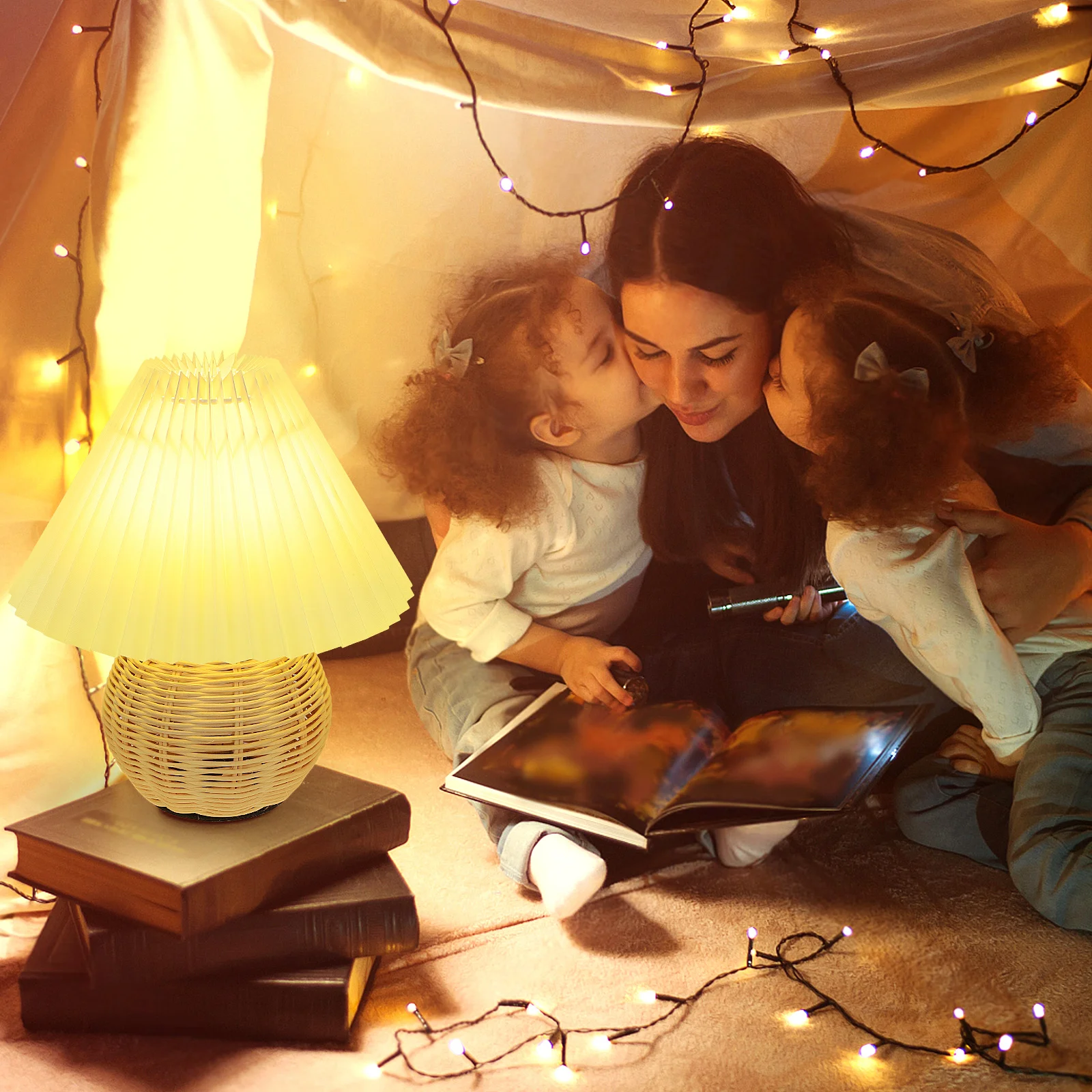 

Elegant Pleated Rattan Lampshade Table Light Bedside Night Lamp LED Pendant for Dining Room Study Hallway