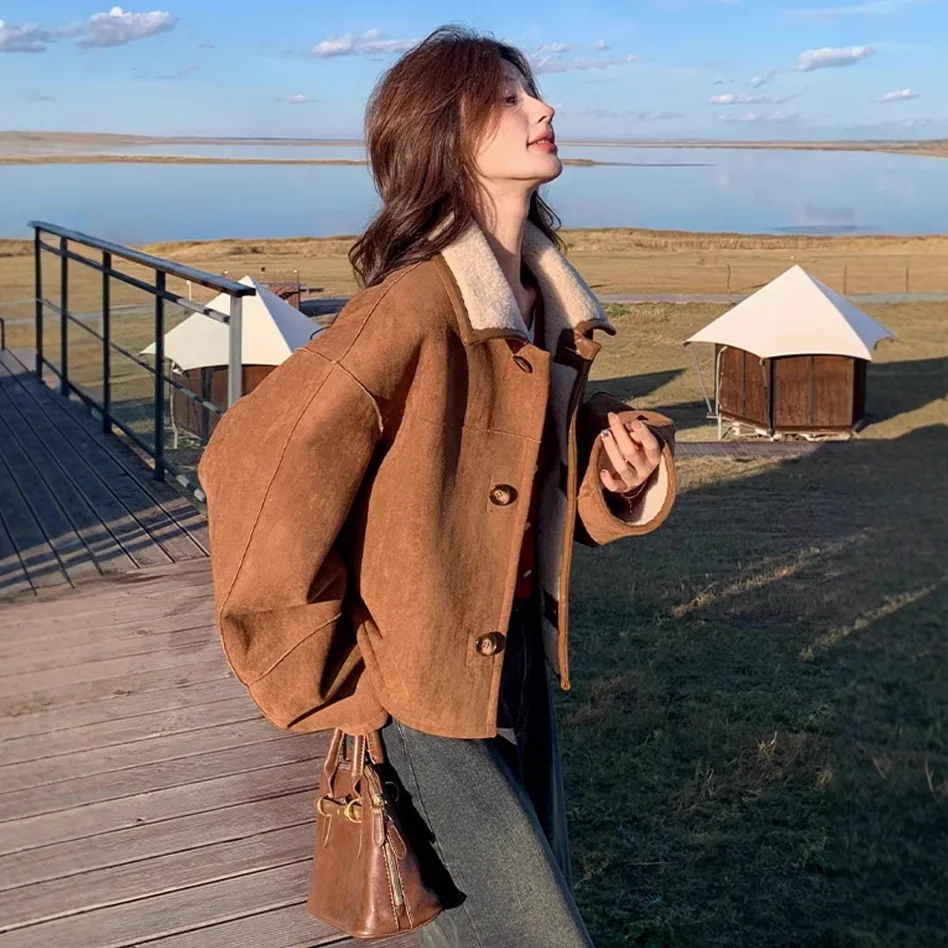 

Двусторонний носимый замшевый топ для женщин осенью 2025, новый стиль для маленького зимой, с добавлением замши и утолщенной