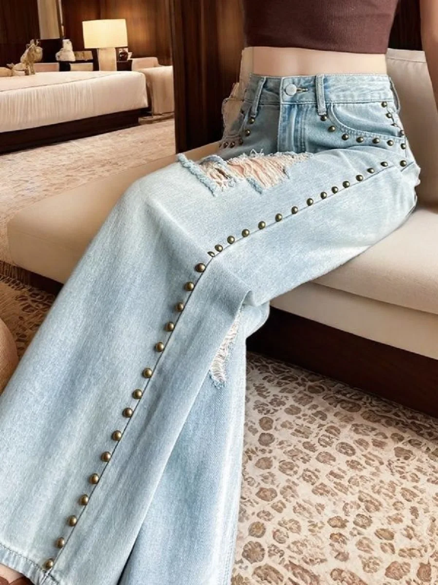 American Ripped Wide-Leg Jeans Women Spring Summer 2025 New Loose Heavy Industry Rivet Floor Beggar Pants