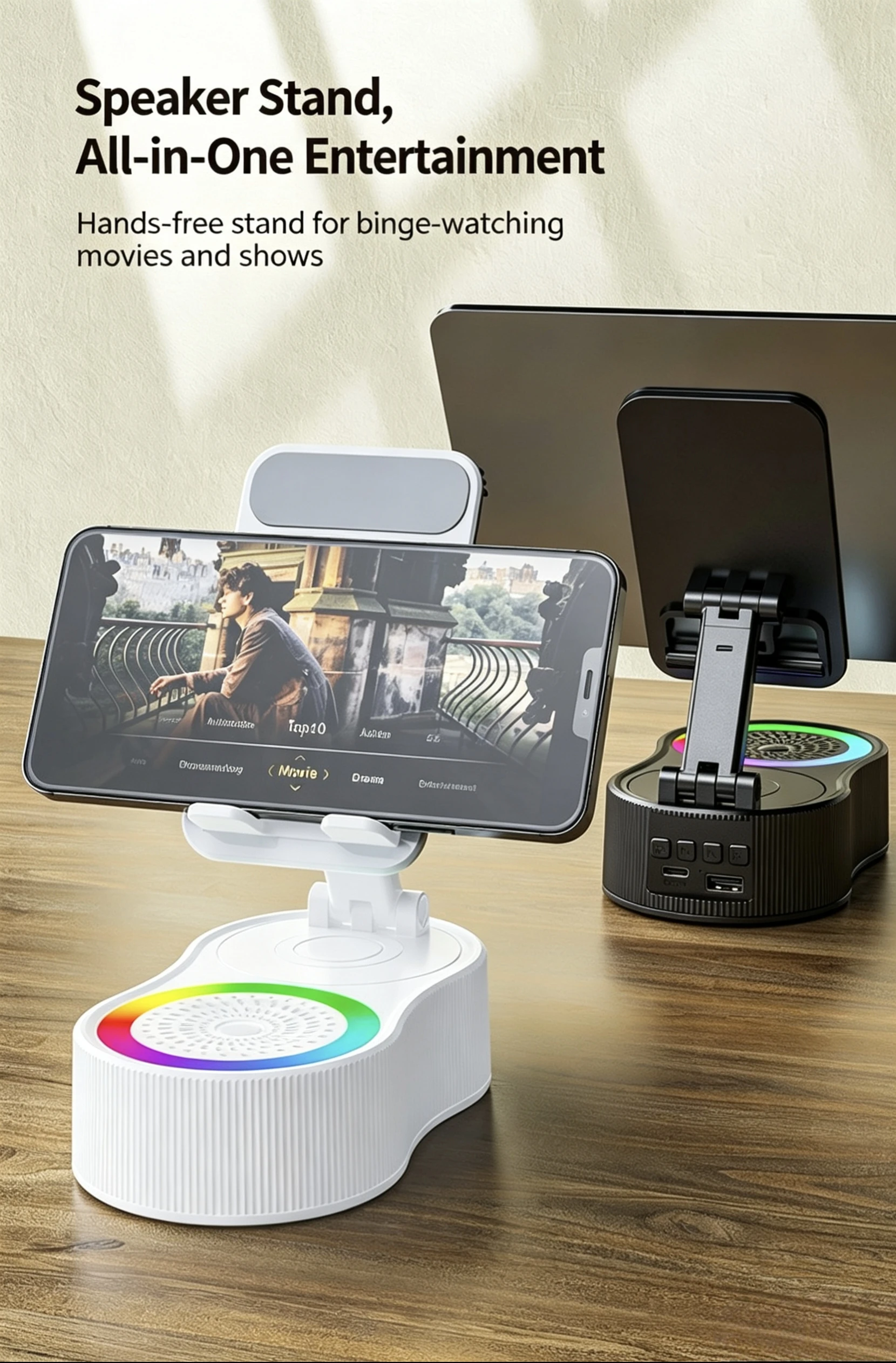 

Portable Phone Stand Speaker, Instant Connection, 360° Bass Sound, RGB Light, Power Bank for Desk.