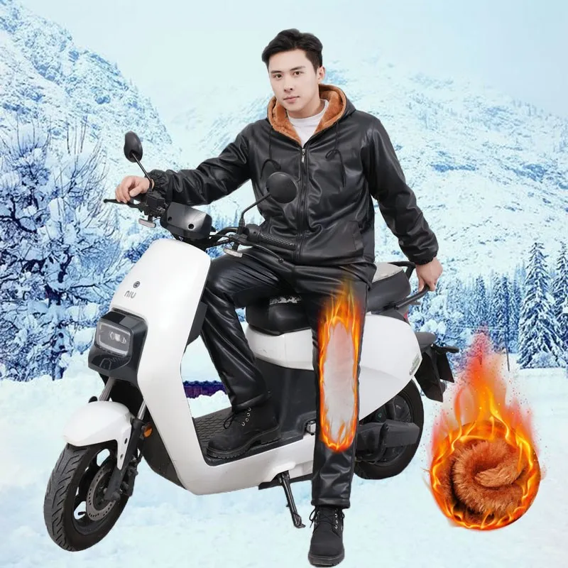 

Men's Fce Lined Thiened Leather Jaet And Pants Set Warm Workwear for Middle Aged And ly with Waist And Knee Prote...