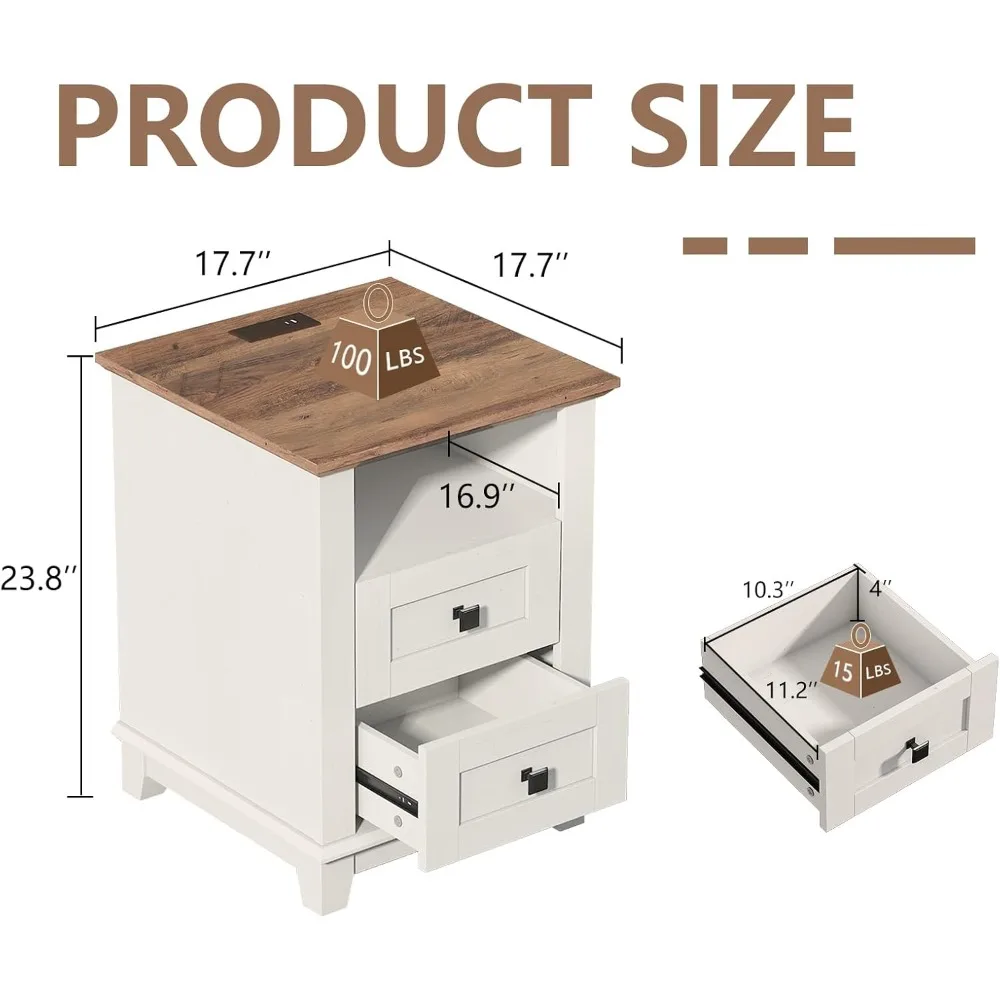 منضدة مع قاعدة شحن، وطاولة جانبية للمزرعة مع درج تخزين بطبقتين ومكعب خشبي مفتوح لغرفة النوم والمكتب، Wh