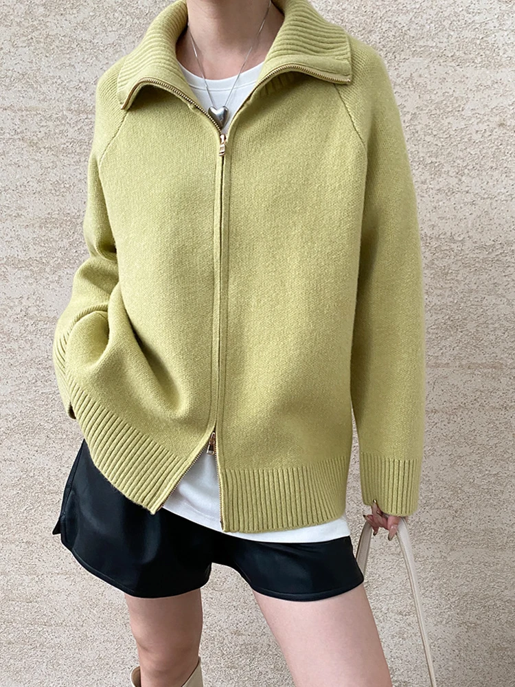 [LANMREM] Fashion Double Zipper Design Knitting Sweater For Women Lapel Long Sleeve Loose Warm Tops 2024 Winter New 26C650