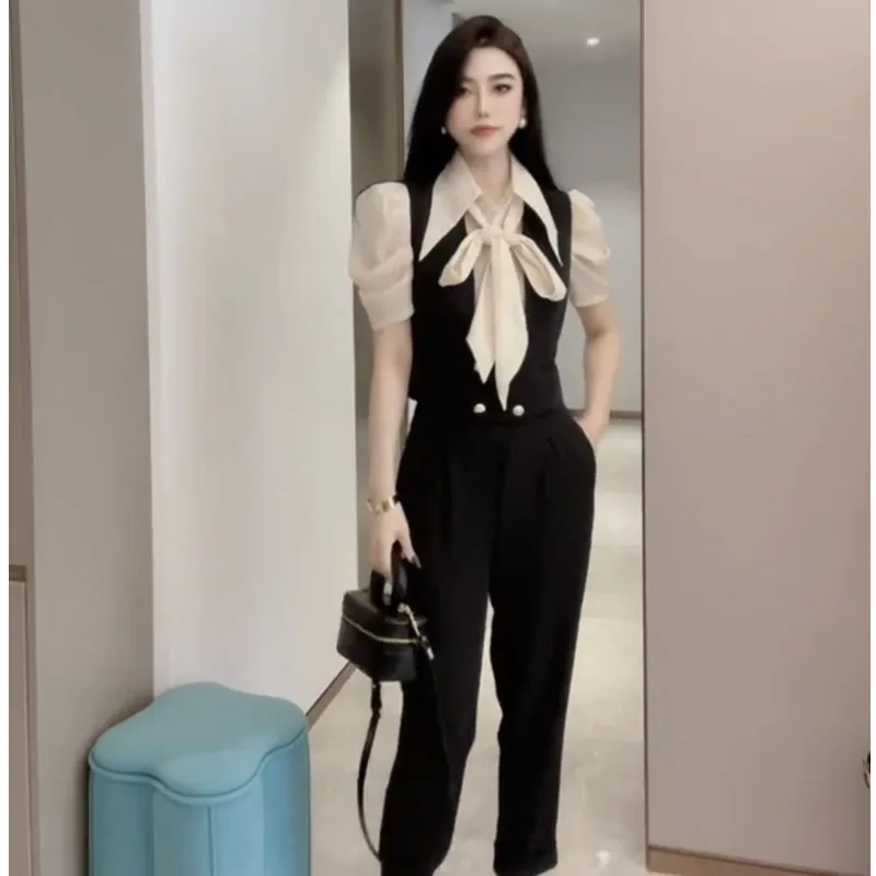 2024 Spring/Summer Korean Edition New Fashion Three Piece Set with Temperament Ribbon Bubble Sleeve Shirt+Vest+Pants