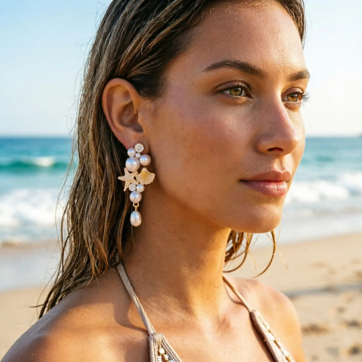 Sommerliche Imitationsperlen-Seestern-Muschel-Quasten-Ohrringe, Boho Ozean Strand Muschel Stern Hängeohrringe, Trendiger Urlaubsschmuck – Detail 9