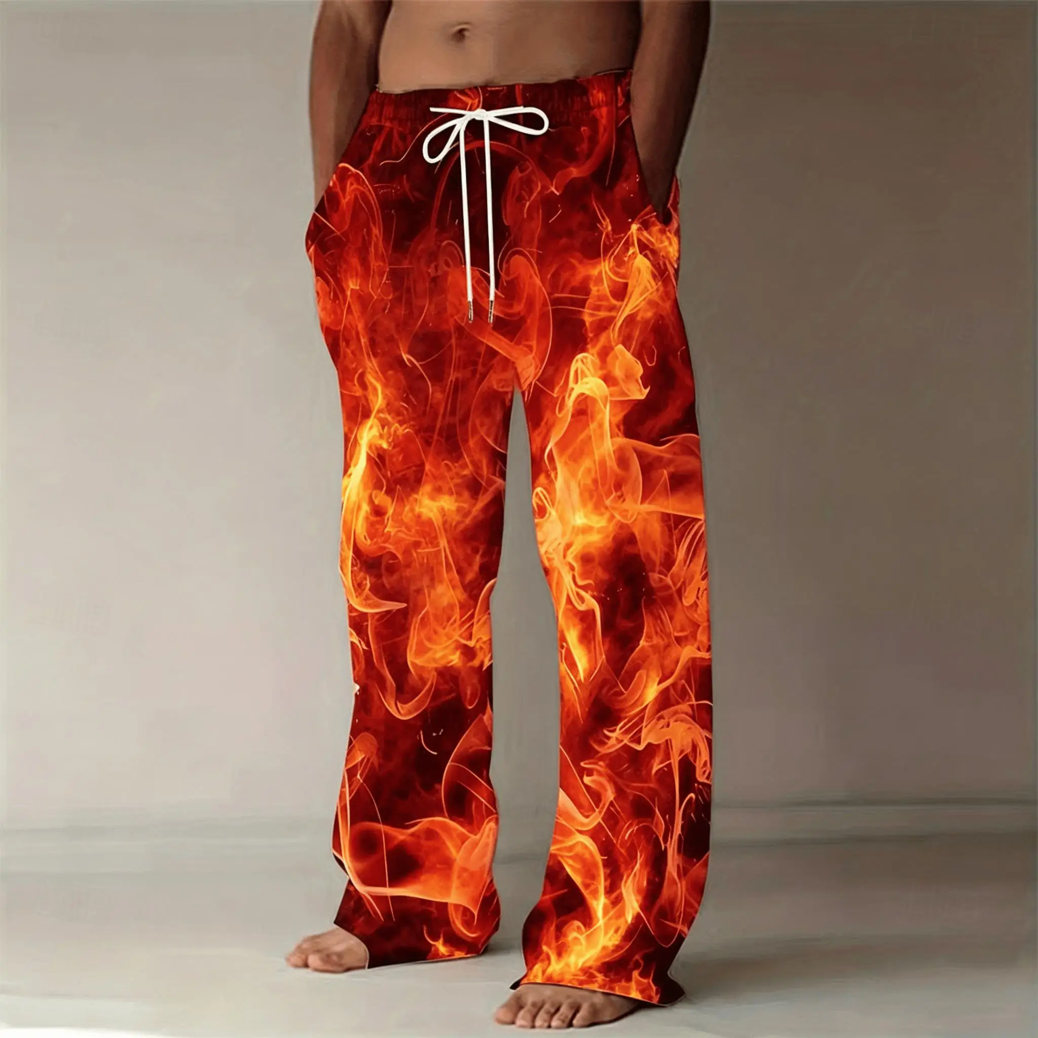 Men's Fiery Flame Print Drawstring Pants, Casual Beach Straight Leg Pants for Summer Vacation