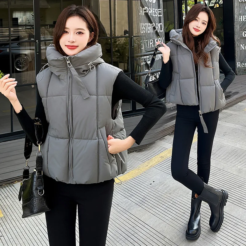 Women Parkas Vest Coats Solid Short Jacket Hooded Zipper Pocket Sleeveless Drawstring Loose Thick Office Lady Casual 2025 Winter