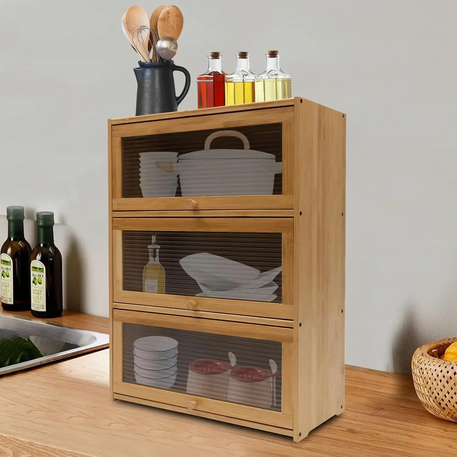 Small Bamboo Kitchen Pantry Sideboard, 3-Tier Freestanding  Storage Cabinet with Acrylic Doors Enclosed Dust