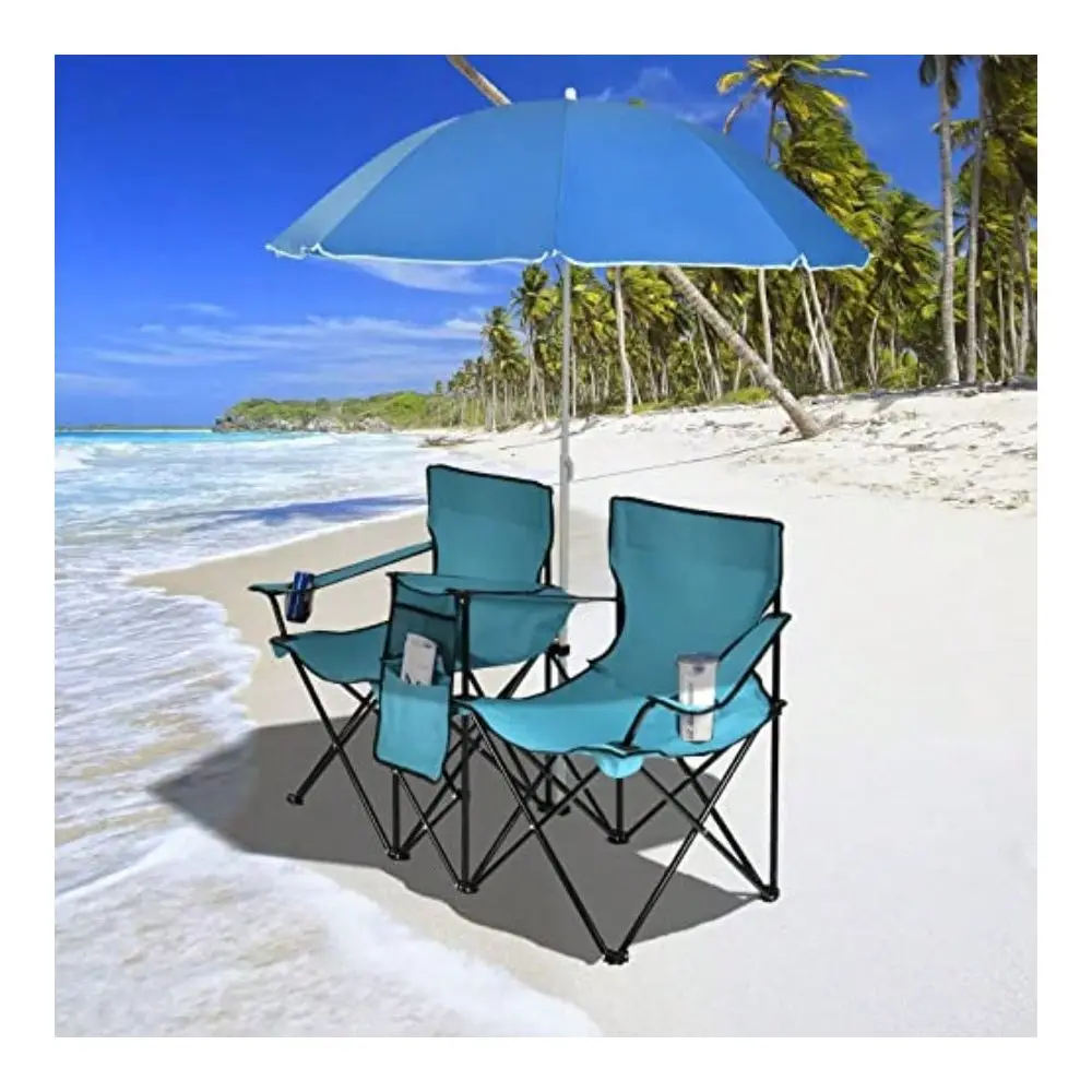 Double Folding Beach Chairs With Umbrella, Outdoor Picnic Portable Loveseat Chairs With Removable Umbrella And Mini Table Carrying Bag, Camping Chair For Patio, Pool, Park (Turquoise)