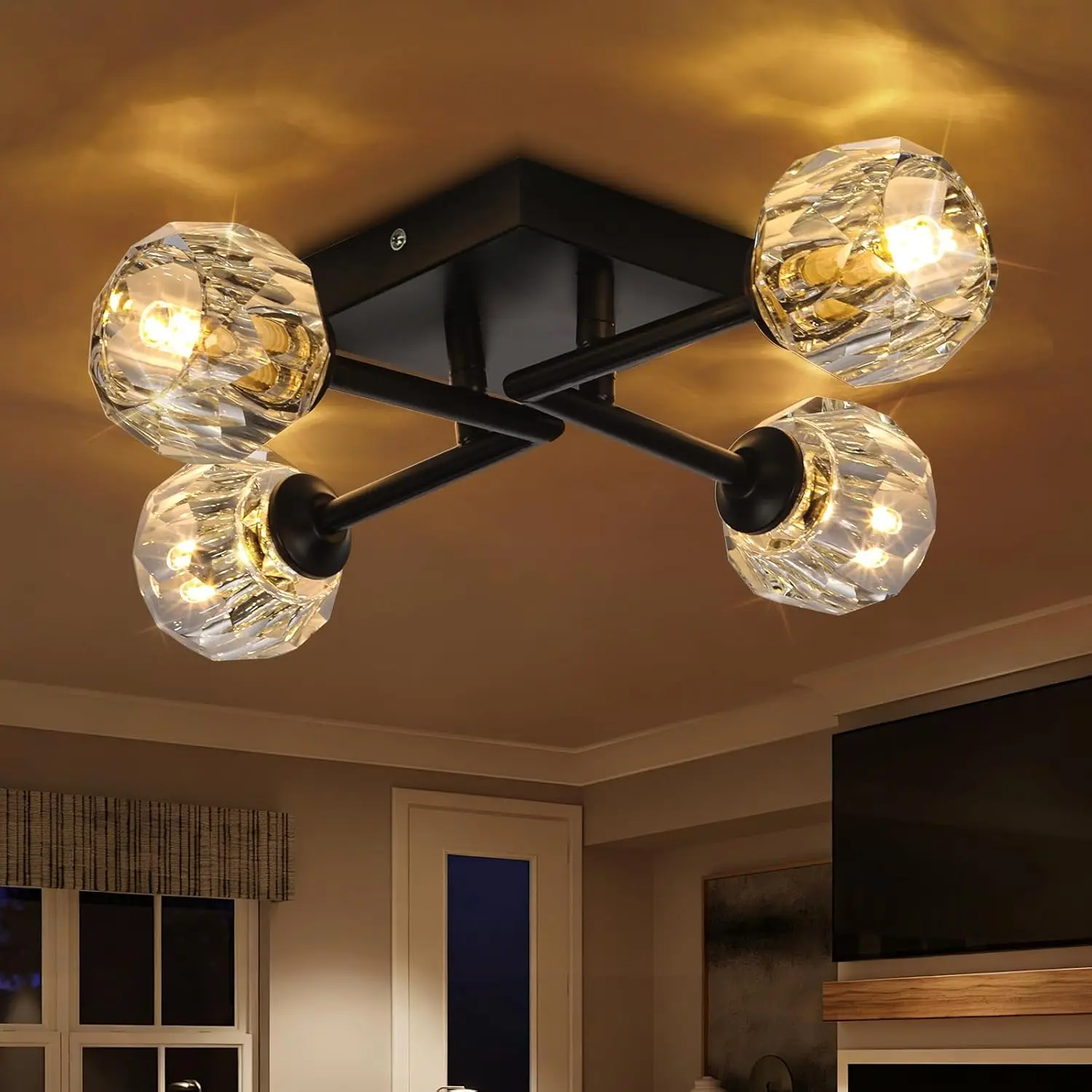 Sputnik Chandelier Black Crystal 4-Light Semi Flush Mount Ceiling Light Fixture Industrial Chandelier for Kitchen, Bedroom, Living Room, Hallway, G9 Bulb (Round Crystal Shade)