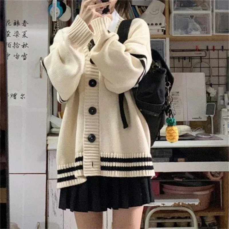 

Casual Women Sweater Spring Autumn Korean Striped Long Sleeve Button Loose Cardigan Streetwear Harajuku Y2K Female Knitted Coats