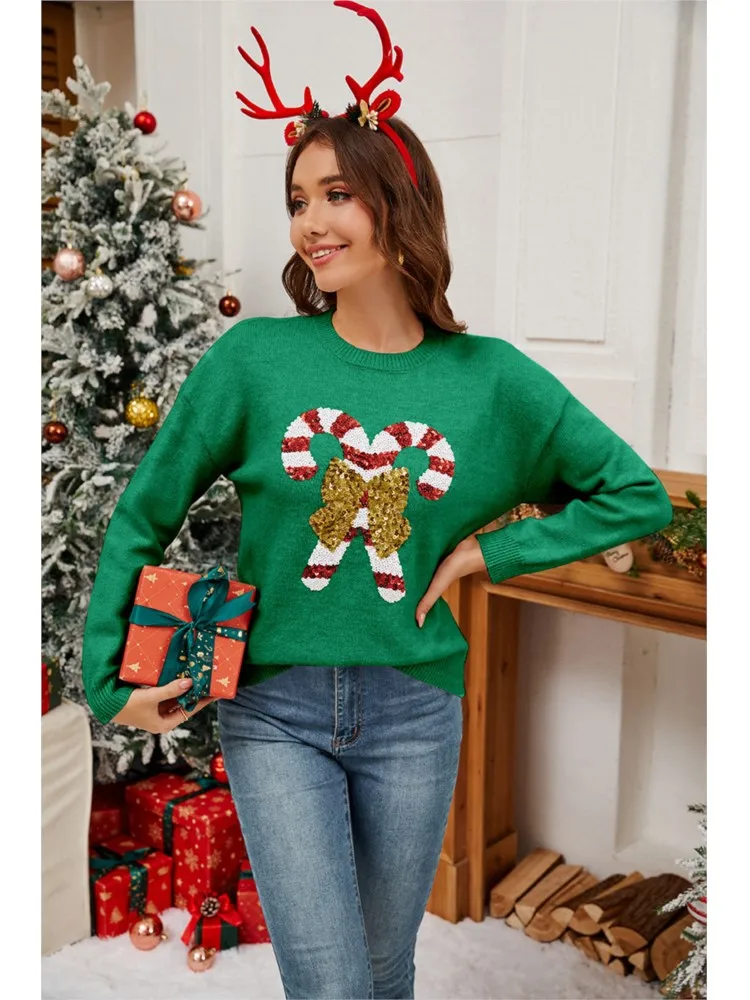 2025 クリスマスセーター レディース、蝶のスパンコールプリントスタイルのゆったりとしたプルオーバー、クリスマスの装いとギフトに最適な柔らかく暖かいニットウェア