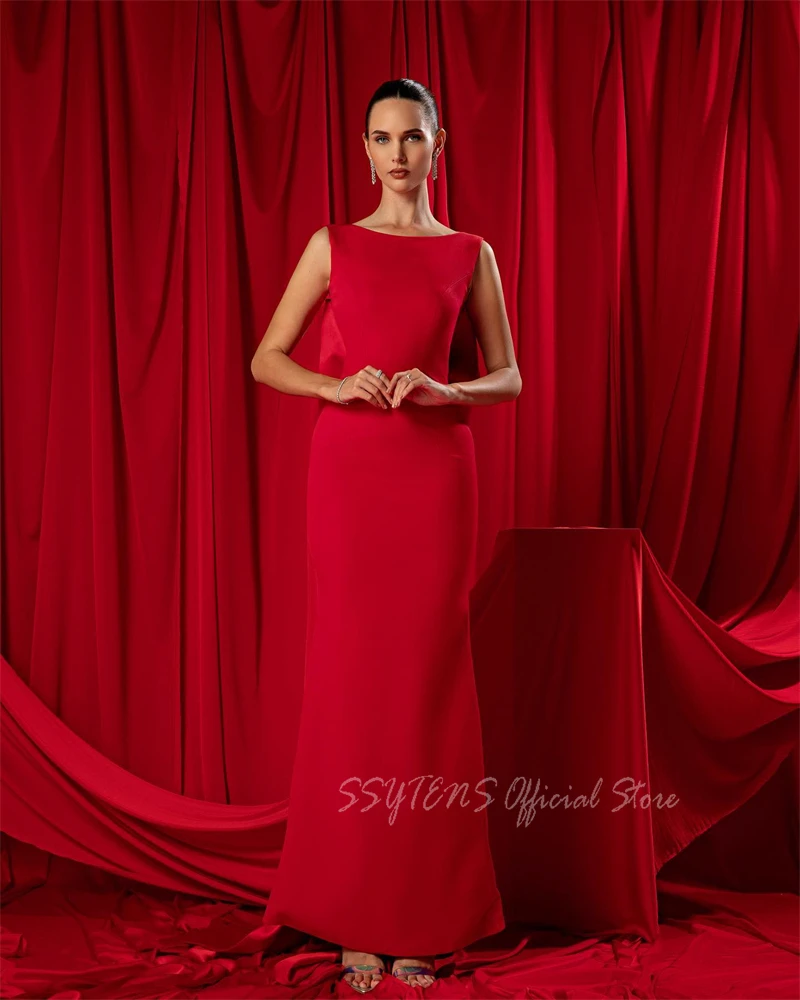 Elegant Red Mermaid Evening Dresses O Neck Detachable Bow Train Customized Formal Party Dress Satin Prom Gowns vestidos de gala