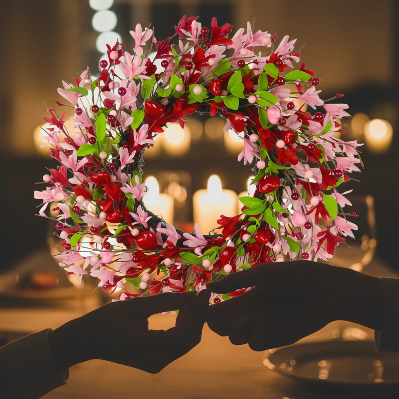 

20-дюймовый венок ко Дню святого Валентина с розовой форзией и ягодами в форме сердца, декор для входной двери, романтическое украшение для свадьбы, дома и вечеринок