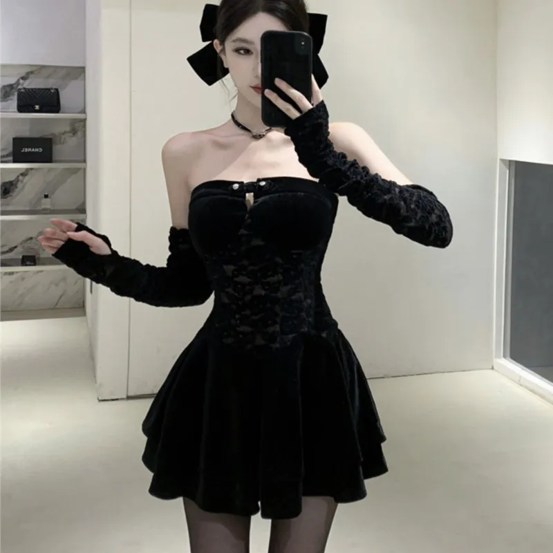 Y2K Gothic Strapless Mini Jurken Vrouwen Zwart Fluwelen Kant Patchwork Avondfeest Jurk A-lijn Slanke Sexy Prom Vestidos Mujer Nieuw