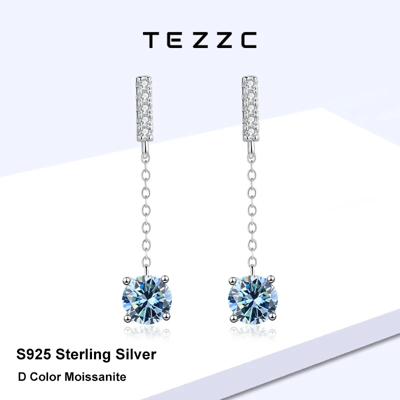 

Tezzc 1 карат длинная цепочка серьги с кисточками для женщин настоящее серебро 925 пробы синий драгоценный камень сверкающие муассанитовые серьги-капли свадебные украшения